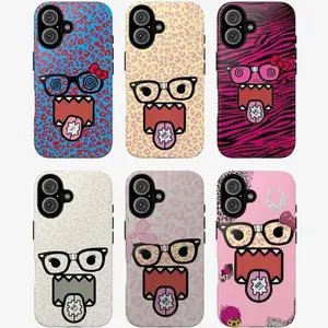 Cartoon Face Phone Case Set, Domo Phone Case spiral glasses leopard zebra bow headphones heart gear tongue pink yellow blue white vibes, baddie aesthetic gift play now, iPhone 17 16 15 14 13 12 Pro Max Plus