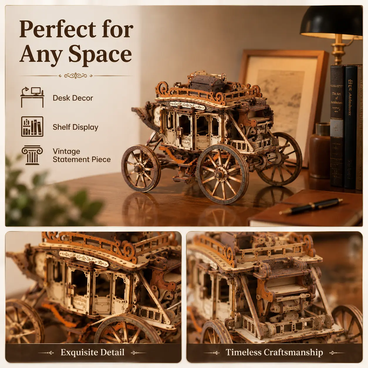 【ROBOTIME】Wooden Stagecoach Mechanical Music Box - 3D Buildable STEM Puzzle Kit, Hands-On Crafting Stress Relief Toy, Gift for Adults for Graduation, Valentine’s Day, Birthday