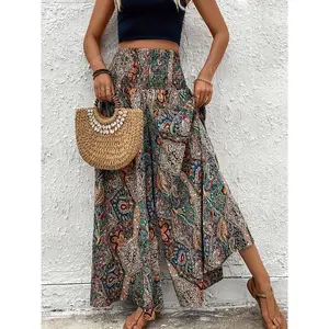 Plus Size Women's All Over Print Wide Leg Pants, Boho Style Ethnic Pattern, Fitted High Waist Straight Leg, Shirred Design, Bohemian