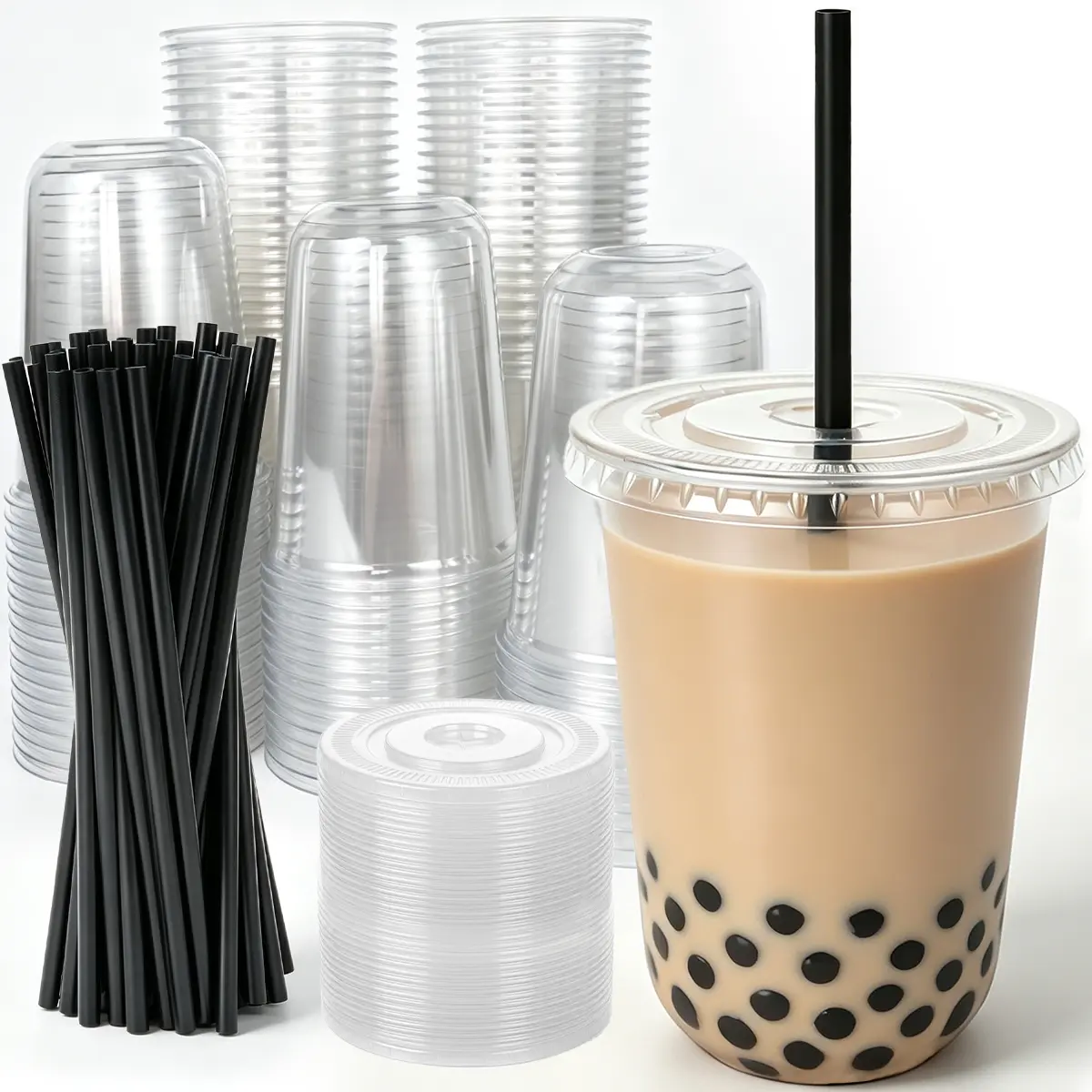 100 Pcs 16oz PET Stemless High Quality Plastic Glasses - Disposable Coffee Cups with Lids & Straws, Cold Drink Only Black Tableware with Steady Base Grip for Parties, Weddings