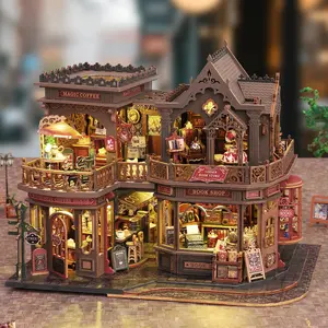 DIY House Bookshelf Coffee 3D Puzzle Model, Handmade DIY House Miniature Building Model, Home Decoration Collectible, Suitable for Ages 14+, Includes English Manual, Building Set