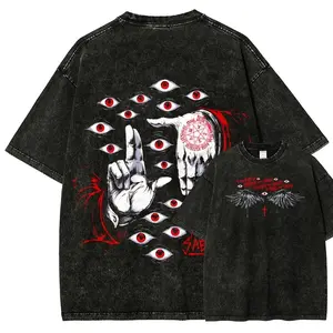 Dark Aesthetic Pentagram Red Eyes Graphic Washed Streetwear T-Shirt