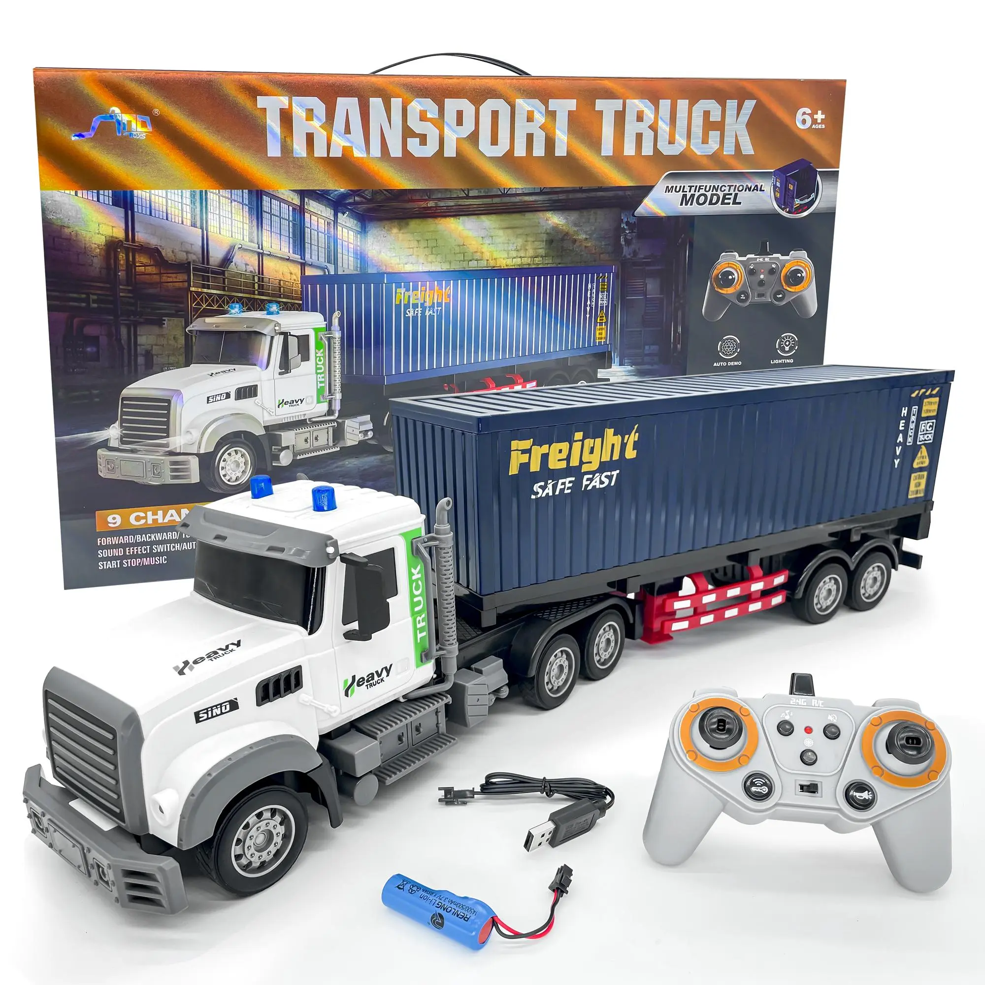 Remote Control Semi Truck with Traile 23.6 Inch 9 Channel RC Semi Truck Toy for Kids,1:24 Container Truck with 2 Batteries,Van Transport Vehicle with Lights & Music Durable,Gift for Boys and Girls