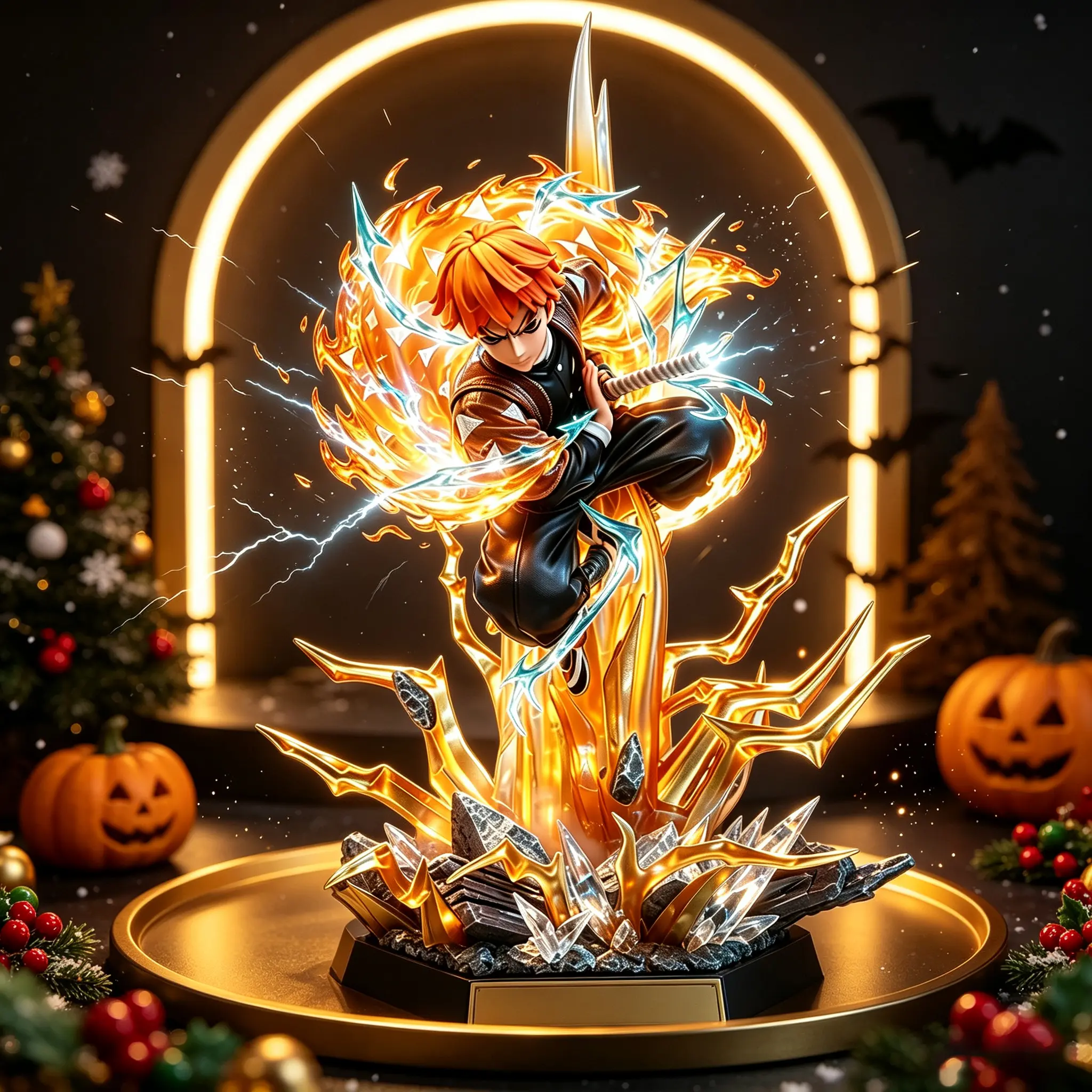 12.5 Inch Anime GK Statue, LED Lightning Effect Swordsman Figure, Interchangeable Face Plates, Premium Desktop Display Decor, Perfect Halloween Christmas Holiday Collectible Gift for Anime Fans