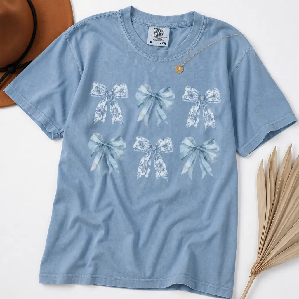 Toile Bow Shirt Blue Coquette Tshirt Cute Ribbon Tee Comfort Colors Shirt Girly Girl Aesthetic Gift for Her