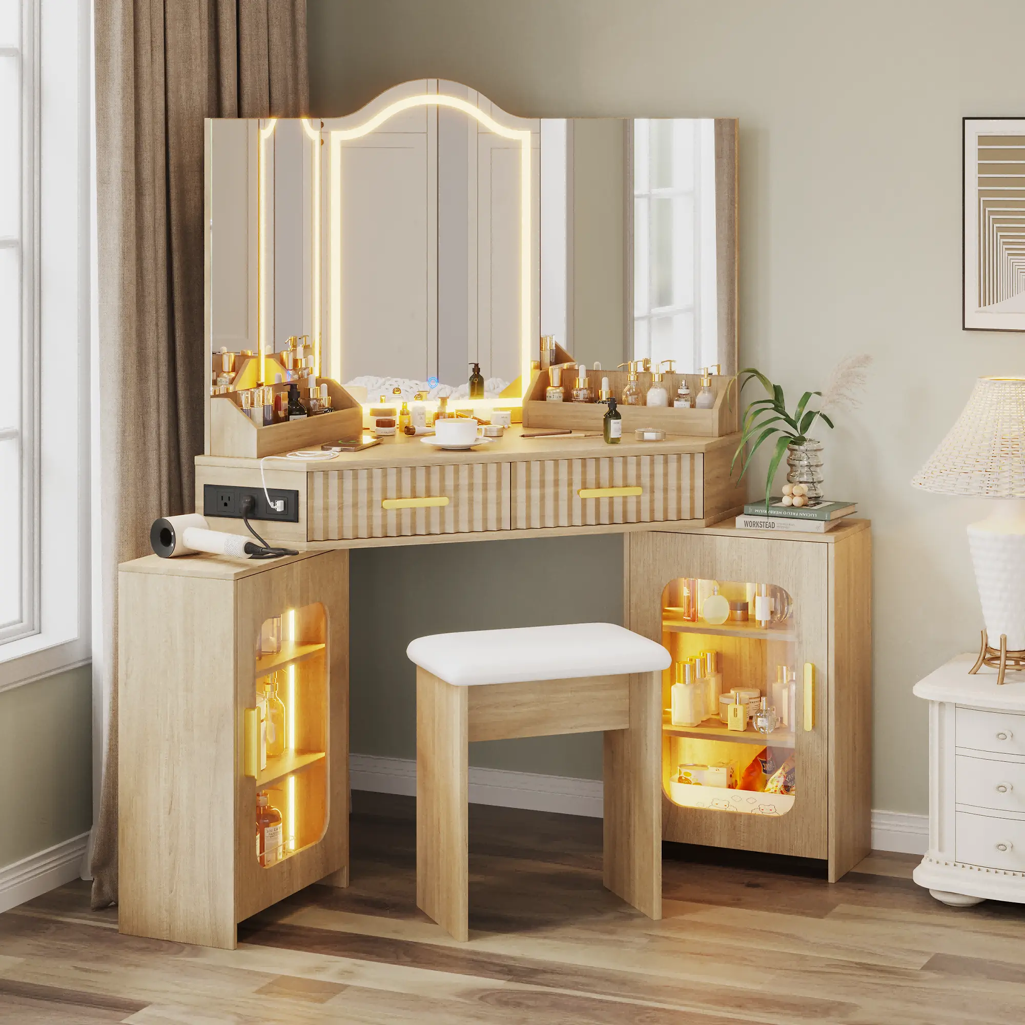 Women's Modern Oak Wooden Makeup Dressing Desk - Stable, Sturdy Indoor Furniture with LED Mirror, Bright Light, Power Outlet, Charging Station, 2 Fluted Drawers, Storage Cabinet, Stool for Daily Beauty Routine