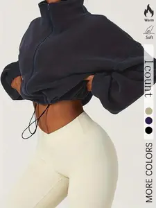 Women's Solid Soft Adjustable Drawstring Zip Up Crop Hooded Jacket, Casual Long Sleeve Mock Neck Fuzzy Fluffy Outerwear, Spring & Fall Ladies Clothes Womenswear