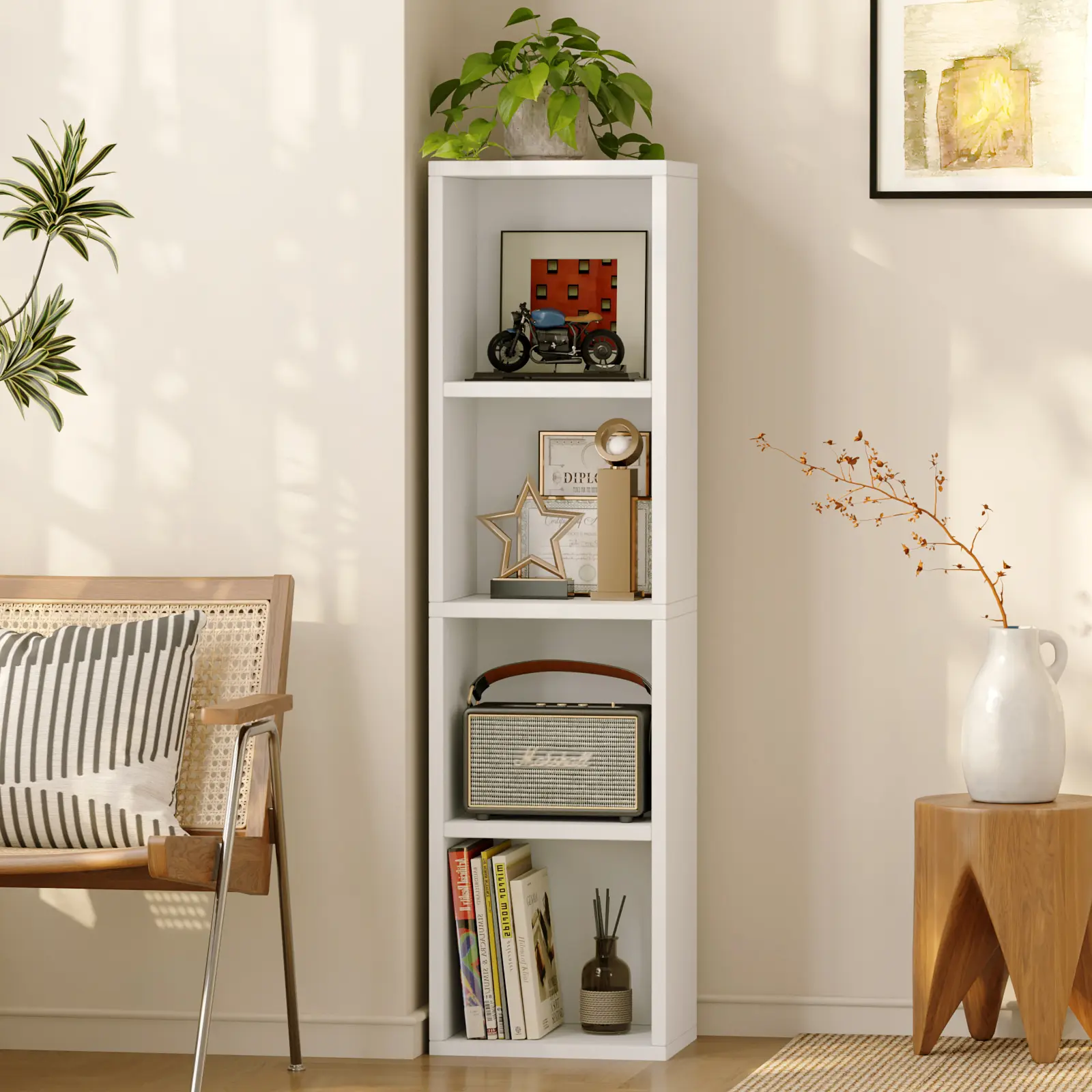 ALISENED 4-Tier Bookshelf,Modern Open Cube Bookcase Wood Storage Organizer,Narrow Display Shelves for Living Room,Bedroom,Home Office,Space Saving