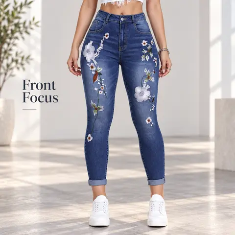 Women’s Embroidered Elegant Floral High-Waisted Crop Skinny Jeans - Sculpting Blue Denim Trousers with Pockets, Casual Streetwear Bottoms for Work Weekend, All-Season Feminine Items for Women