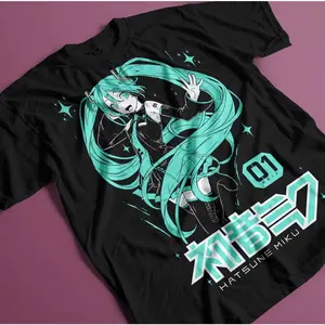 Women's Hatsune Miku Knit Short-Sleeve Round Neck T-Shirt - Elastic, Japanese Fire Style, Unisex Streetwear Beach Piece,summervibes