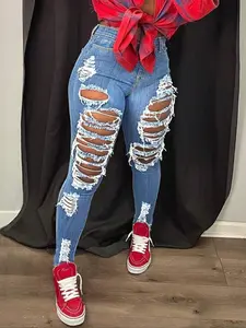 Versatile Ripped Denim Jeans, Vintage Tight-Fitting High Waist Jeans, Stylish Distressed Denim Jeans for Everyday Wear, Women's Fashion Jeans