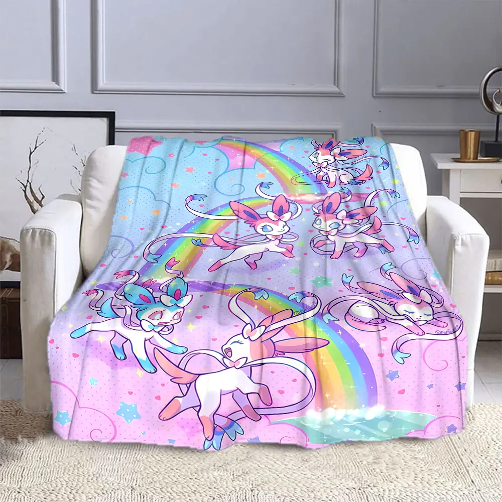 Cute Sylveon Eevee Pink Blanket, Super Soft Lightweight Fuzzy Plush Throw Blanket, Warm Comfy Textured Blanket for Couch Sofa Bed
