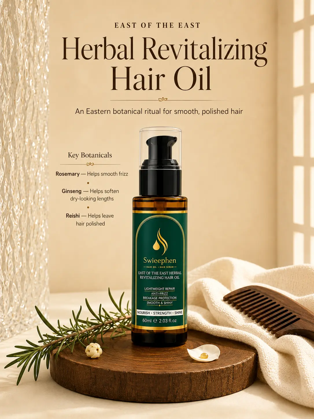 Swieephen Anti-Frizz Hair Oil for Frizzy Hair, Lightweight Non-Greasy Finishing Oil, Tames Flyaways, Softens Dry Hair & Adds Shine, for Dry Ends, Damp or Dry Hair, 60 mL / 2.03 fl oz