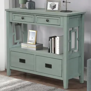 [SOIYELIFE] 36'' Farmhouse Pine Wood Console Table Entry Sofa Table with 4 Drawers & 1 Storage Shelf for Entryway Living Room Bedroom Hallway Kitchen(Retro Blue),Unique furniture,