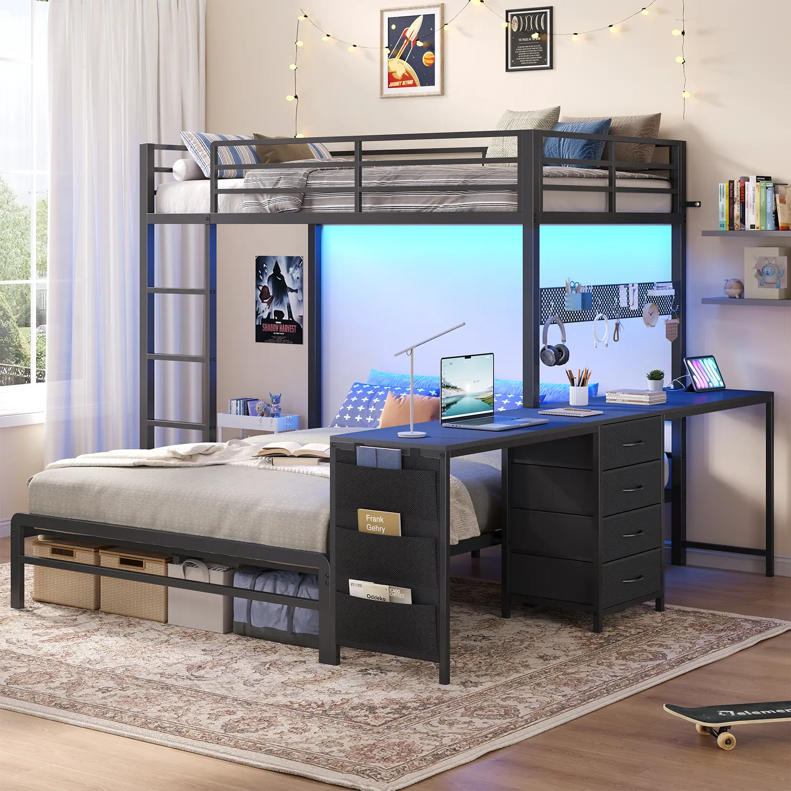ADORNEVE Sturdy Twin Over Full Metal Bunk Bed Frame - Heavy Duty Bunkbeds, Furniture Bedroom Full Metal Frame Beds with 2-Person Desk, 4 Storage Drawers, USB Port Power Strips, LED Lights, Pegboard, Safety Guardrail for Kids, Metal Bunkbeds Frame