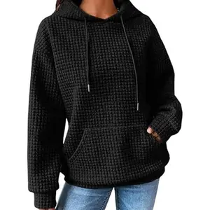 Women's Waffle Solid Color Hoodies Long Sleeve Drawstring Crew Neck Pullover Sweatshirt  Loose Casual Fall Winter Outfit with Kangaroo Pocket