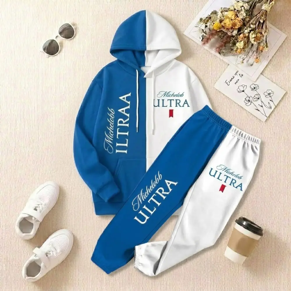 Michelob Ultra 3D Hoodie and Sweatpants Set, Blue White Color Block Beer Logo Matching Outfit, Gift for Beer Lovers