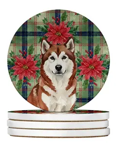 Carolines Treasures WDK8475RCS4 4 x 4 in. Red & White Alaskan Malamute Christmas Poinsettias Large Sandstone Coasters, Pack of 4