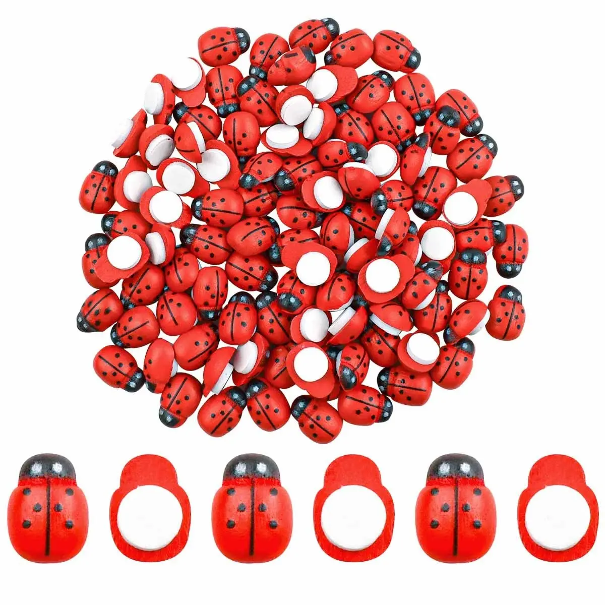 100pcs Mini Ladybugs Figurines, Wooden Ladybug Miniatures for Fairy Gardens, Garden Accessories, Self-Adhesive 3D Decorative Decorations for DIY Crafts & Home Decor