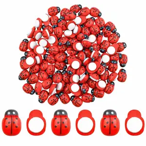 100pcs Mini Ladybugs Figurines, Wooden Ladybug Miniatures for Fairy Gardens, Garden Accessories, Self-Adhesive 3D Decorations for DIY Crafts & Home Decor