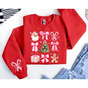 Christmas Girls Pink Bow Candy Sweatshirt, Girls Christmas Sweater, Coquette Christmas Tree Sweater, Pink Christmas Sweatshirt, #youthhh Christmas