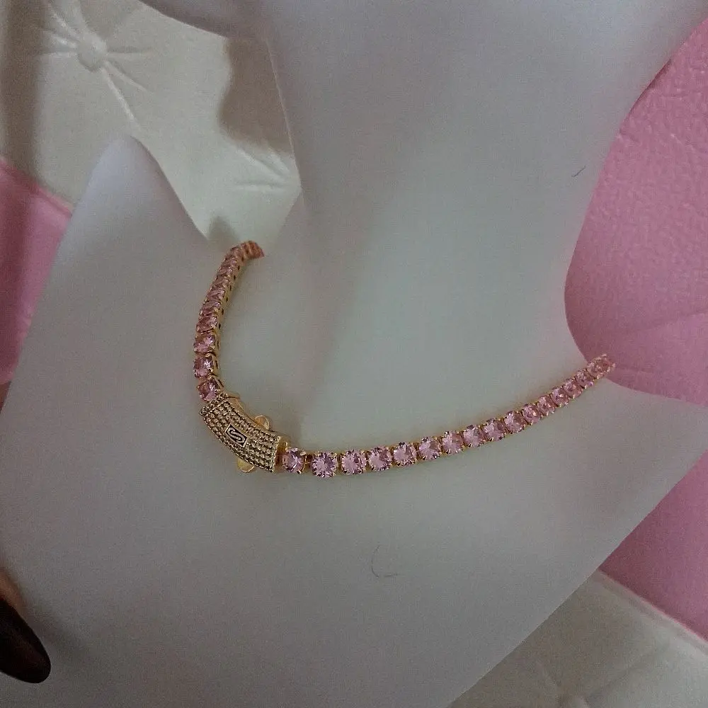 Trendy chain 5mm thich amd  16 inches long pink  stones   stones  box clasp .