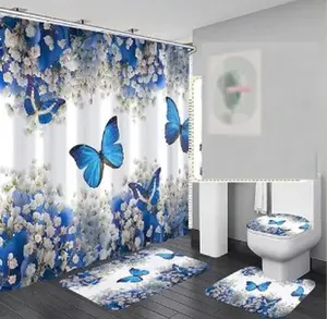 Blue Butterfly Mariposa Print Memory Foam Bathroom Decor Set, 1 Set Including Shower Curtain, Toilet U-Shaped Mat & Rectangular Mat, Bathroom Accessories