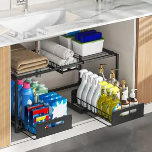 Space-saving double-layer sink lockers, sink finishing, slide-out cabinet finishing rack, iron rack, metal sliding drawer, easy to assemble, used for kitchen and bathroom cabinet finishing rack, simple and practical kitchen storage is necessary