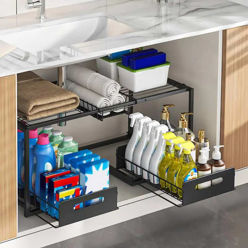 2-Layer Sliding Organizer Racks & Displays - Anti-Rust Iron Sink Lockers with Slide-Out Metal Drawers, Adjustable Racks, Black Matte Finish, Breathable Design, Double Storage Capacity, Easy-Assemble Home Storage for Kitchen, Bathroom