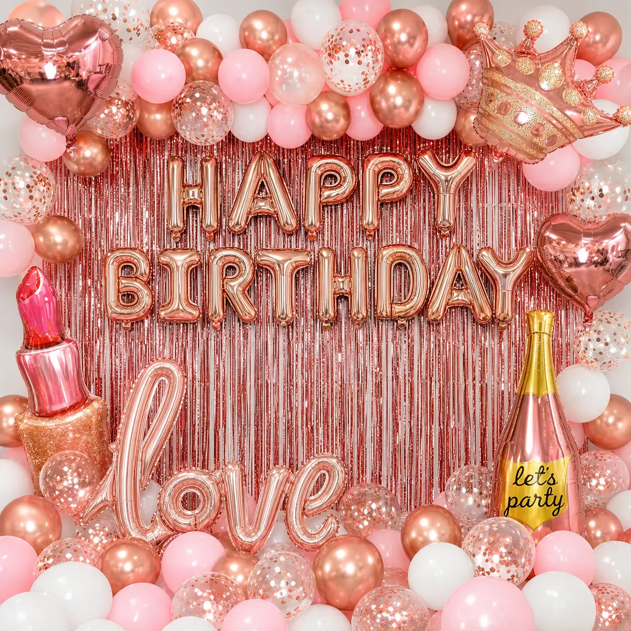 71-Piece Rose Gold Birthday Decorations for Women - Party Backdrop with Latex, Foil & Confetti Balloons, Happy Birthday Decorations Banner & Rose Gold Foil Fringe Curtains