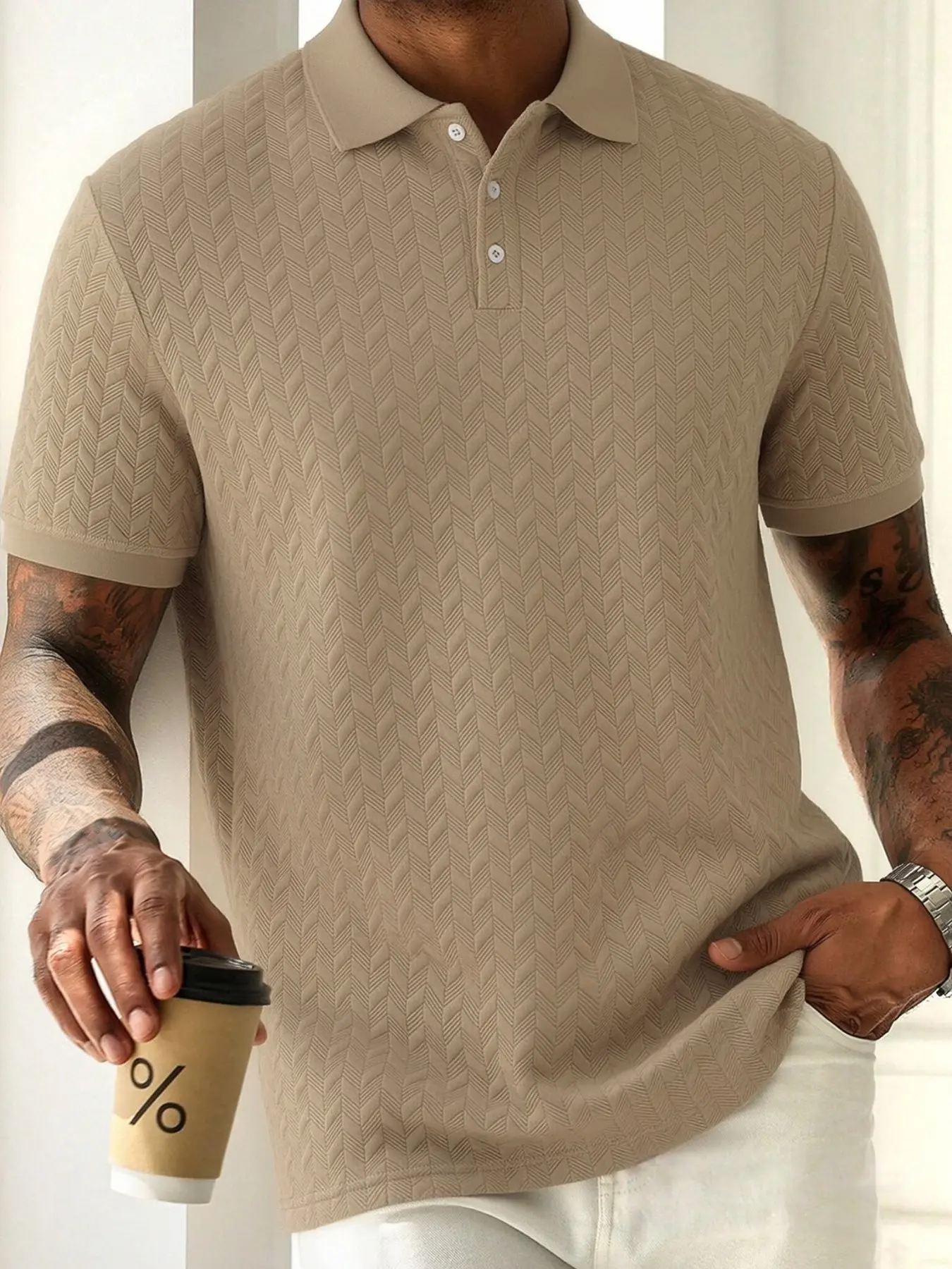 Men's herringbone texture menswear premium fitted polo shirt short-sleeve T-shirt Polo Tees Casual Polo Shirts - Classic collar design, regular fit. Perfect for daily business casual, weekend outings and fashionable leisure occasions.