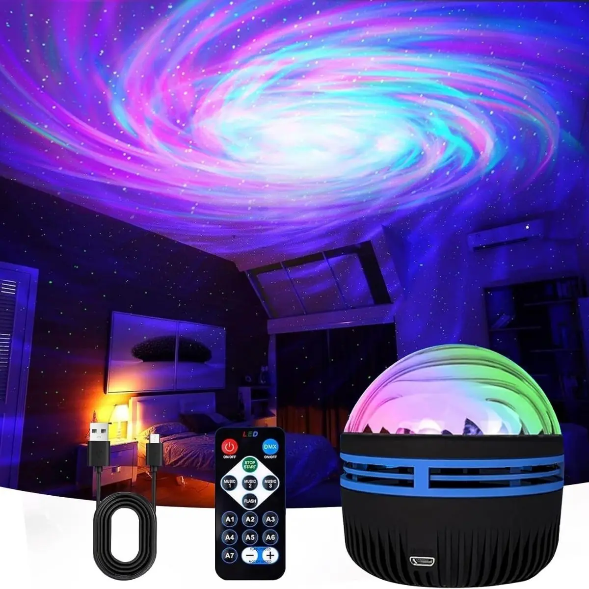 Starlight Aurora Projection Lamp with Remote, LED Projector Lamp, Starry Sky Projector, RGB Multicolor Night Light, USB Powered, Ideal for Bedroom, Living Room, Party Decor, Gift, Usb Galaxy Projector