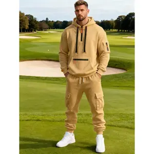 Men's two-piece sports suit, half zip hooded sweatshirt with work pants, soft wool casual sportswear, suitable for golf and daily wear