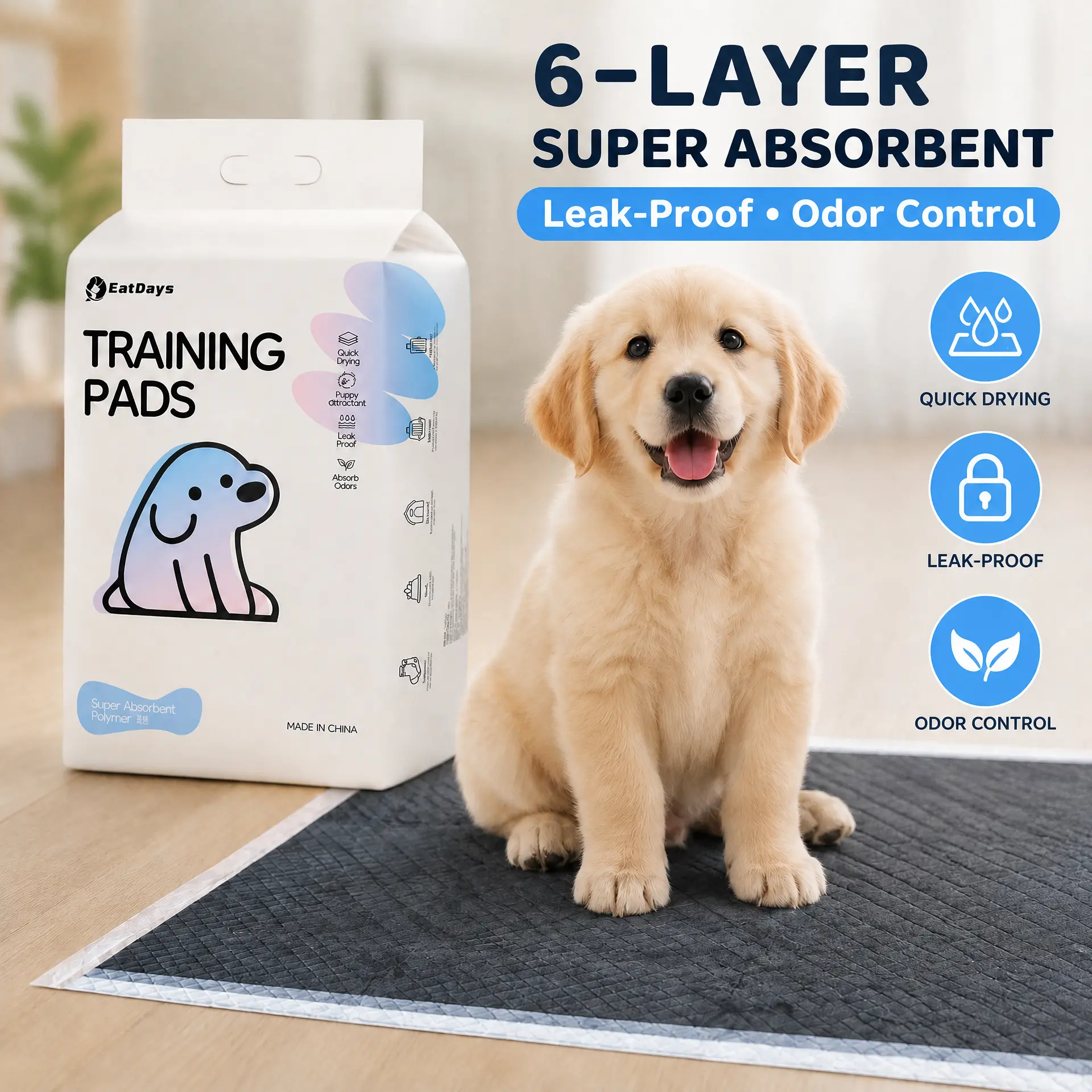Puppy Pee Pads 6-Layer Super Absorbent Dog Training Pads Leak-Proof Activated Carbon Bamboo Charcoal Odor Control Quick Dry for Dogs Cats Crate Indoor Use