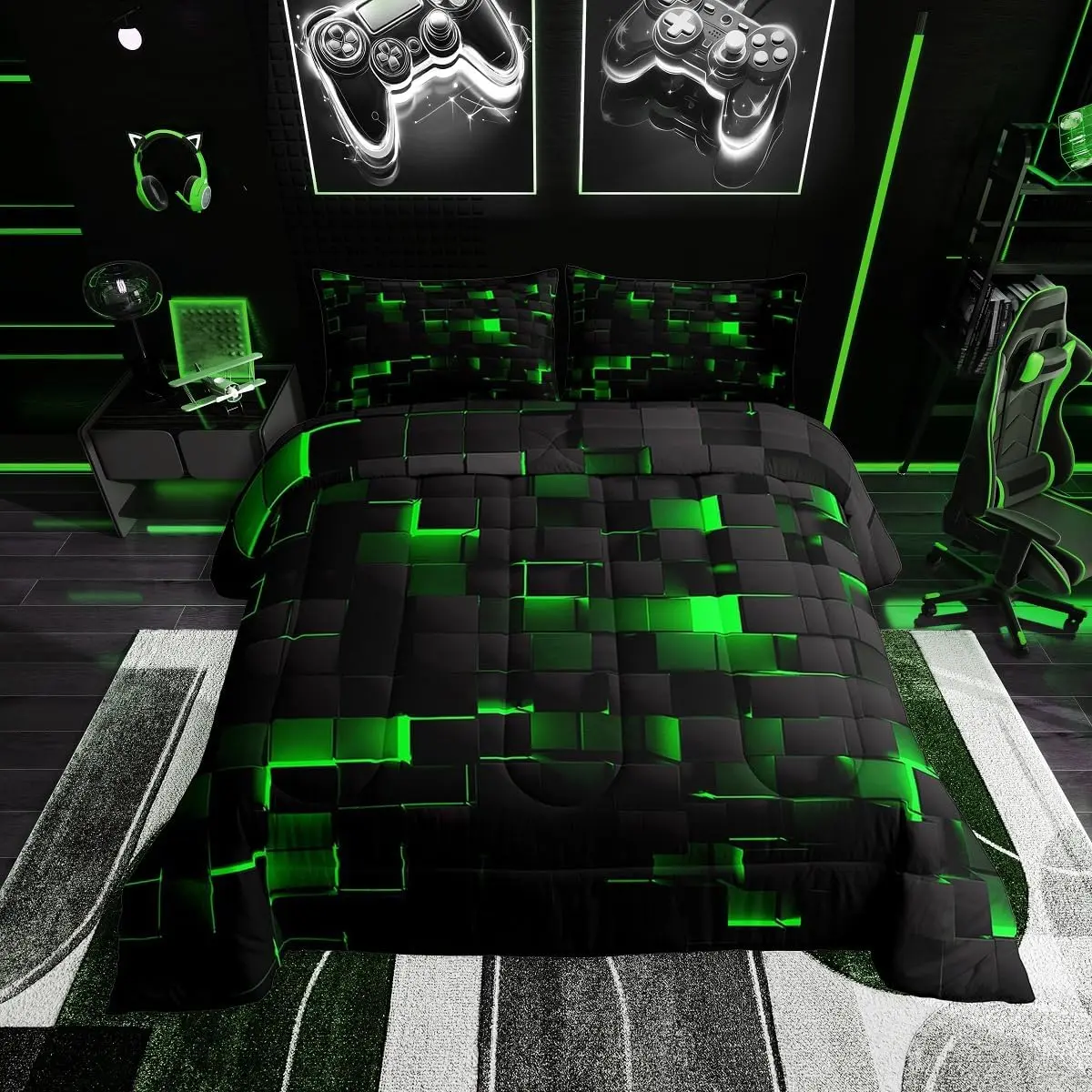 Feelyou Black Green Breathable Queen Size Comforter Set - Neon Geometric Checkered Bedroom Bedding, Abstract Stereoscopic Grid Quilt for Gaming Men, Square Plaid Duvet, Bedroom Bedding Set, Breathable Duvet Set