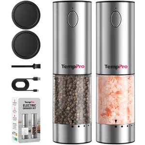 TempPro Electric Salt & Pepper Grinder Set, 2pcs Rechargeable Adjustable Coarseness, LED Light, One-Hand Operation, Large Capacity, Leakproof & Moisture-Proof Auto Lid, Modern Stainless Steel Kitchen Mill home essential Heavy Duty Cast Iron Burger Press