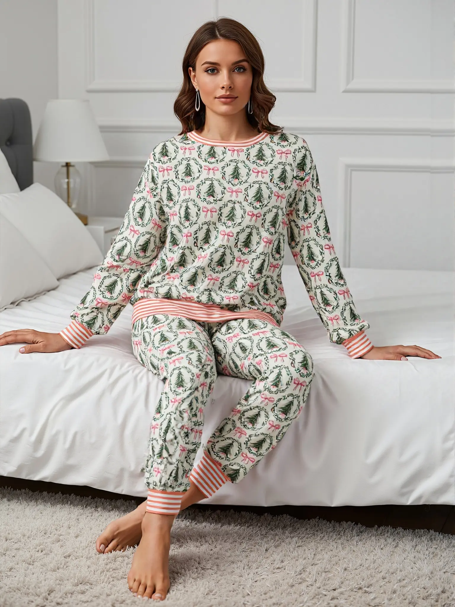 Women's 2-Piece Pajama Set, Cute Christmas Tree & Bow Print Loungewear, Casual Soft Breathable Knit Top and Jogger Pants, Vibe, Lightweight, Matching, Lady, Knitting, Multicolor, Style, Graphic, Basics, Elastic Waist, Forest Print