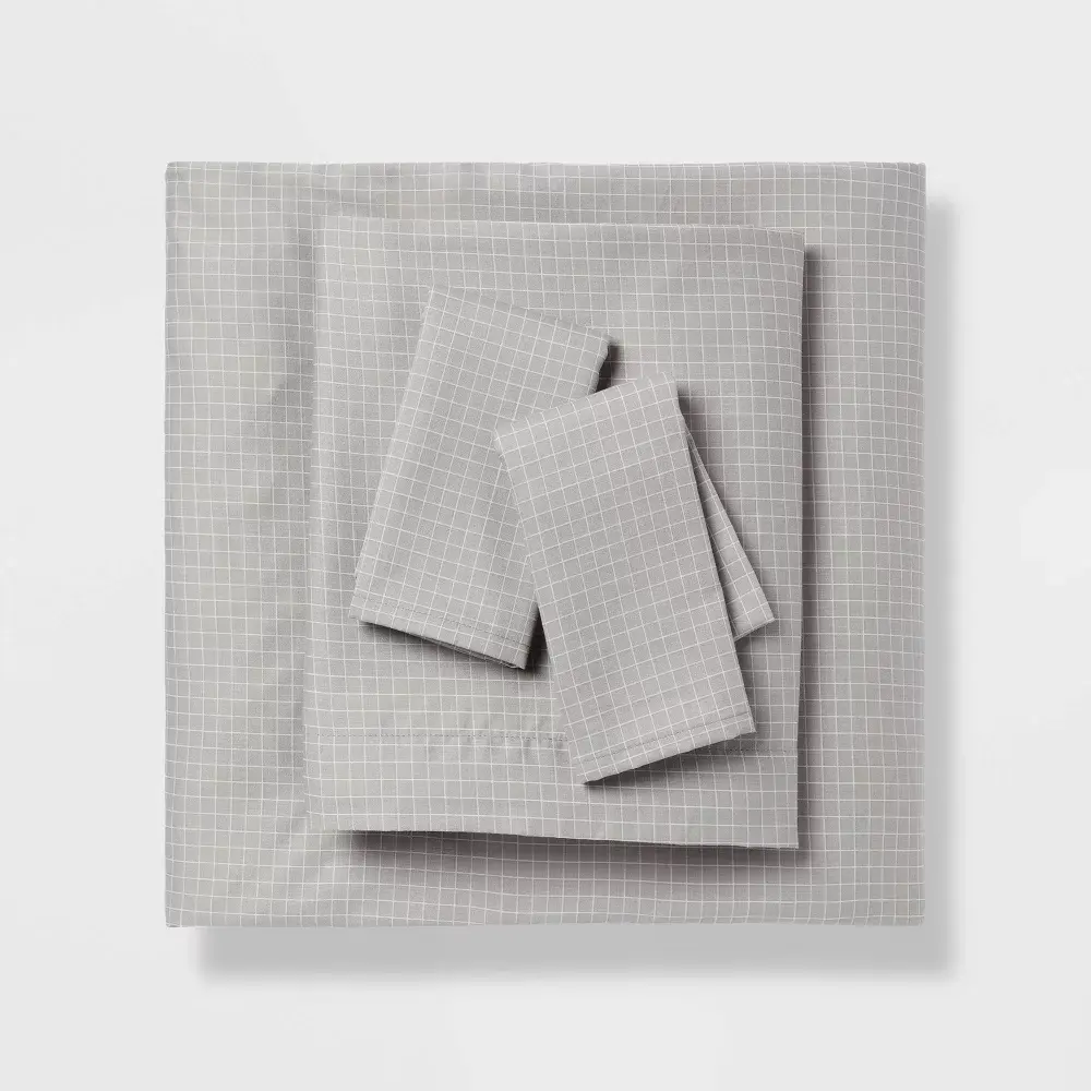 Full Cotton Blend Sateen Sheet Set Gray Micro Grid - Room Essentials