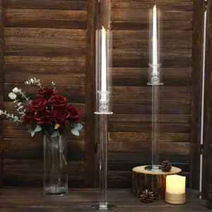 2-Pack Crystal Glass Hurricane Taper Candle Holders 26", Clear Cylinder Chimney Tubes - Tall Decorative Candle Stands
