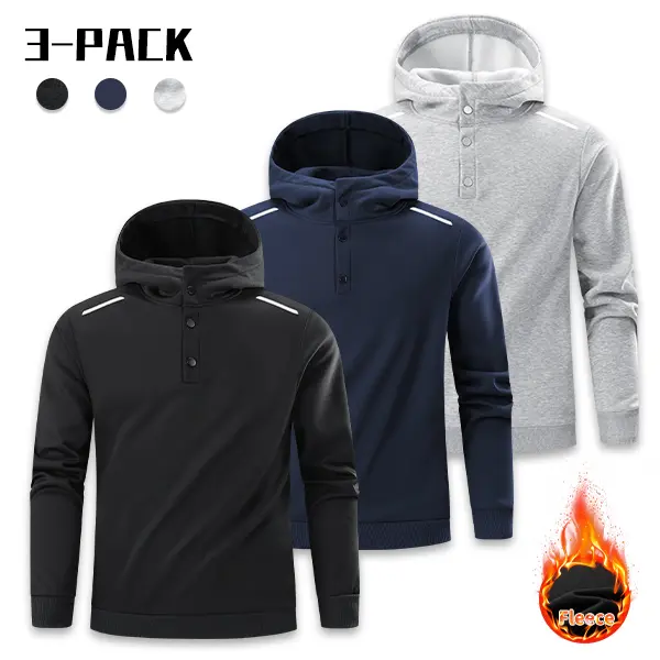 Men’s 3-Pack Henry Button Hooded Sweatshirts, Fleece-Lined Long-Sleeve Pullovers, Casual Outdoor Warm Wear