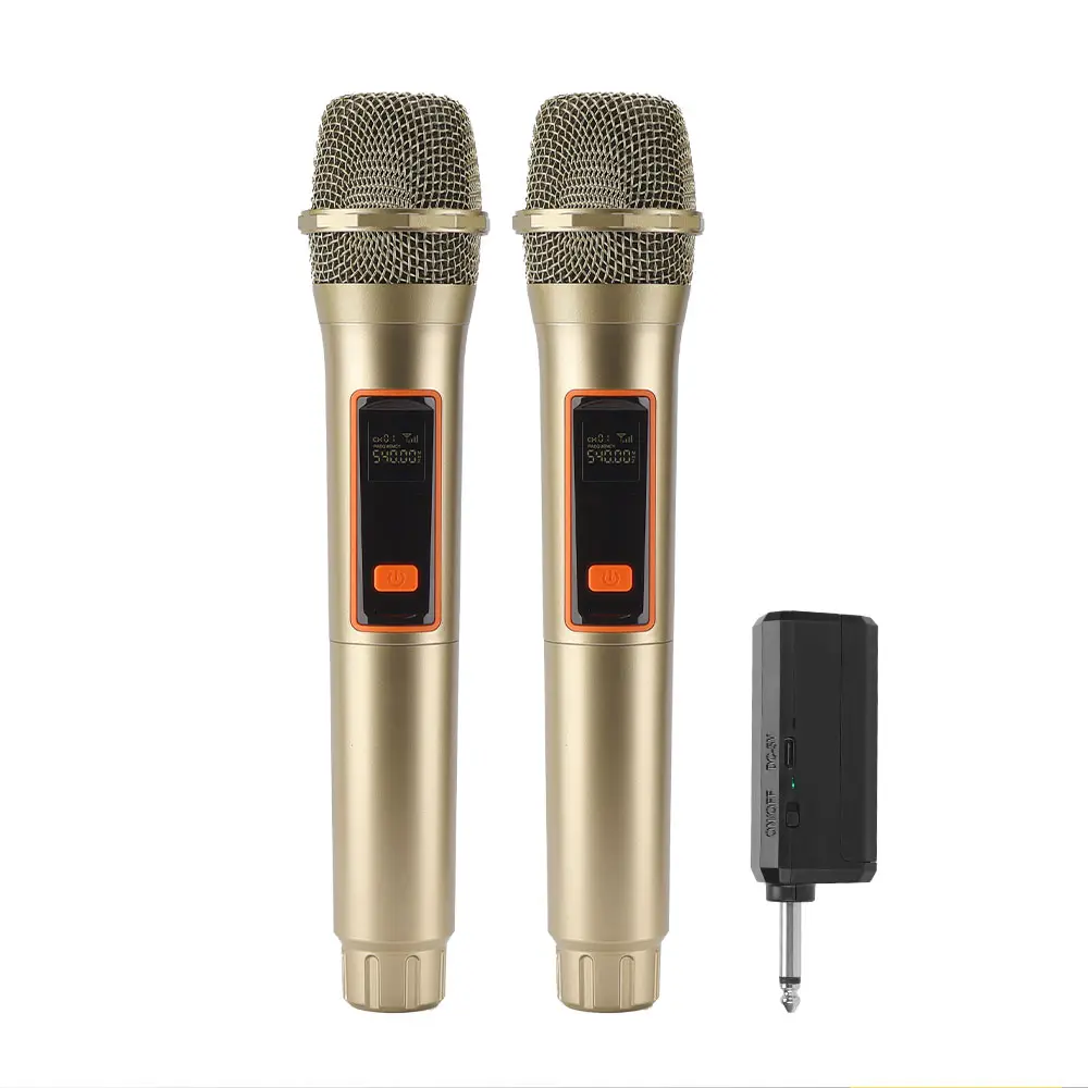 LMBGM W6 Gold Dual Wireless Handheld Microphones, Dual Mics, Rechargeable Karaoke Audio Device Mic Set with 6.35mm Receiver, Plug and Play, Clear Sound, Anti-Howling, 30M Stable Signal for Party, Wedding, Church and Speeches