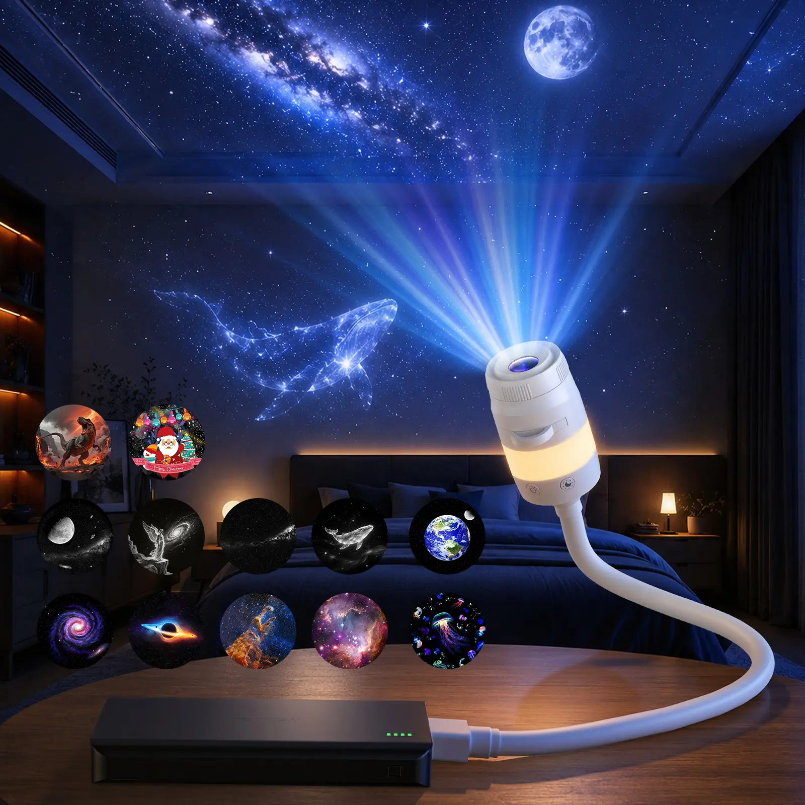 2-in-1 Galaxy Projector Night Light with RGB LED Lights, USB Starry Sky Projector Lamp, Moon & Galaxy Projection, 360° Rotating Ambient Light for Bedroom, Ceiling Decor, Sleep Gift for Kids & Adults