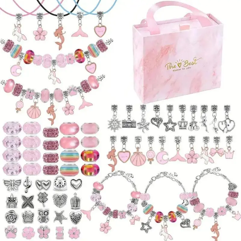 67-Piece DIY Jewelry Accessories with Charms Mix Beads Bracelet Kit for Girls Aged 6-10, Includes Jewelry Making Supplies & Portable Box, Bracelet Beads and Charms, Perfect Birthday Gift Idea, Jewelry Making Kits
