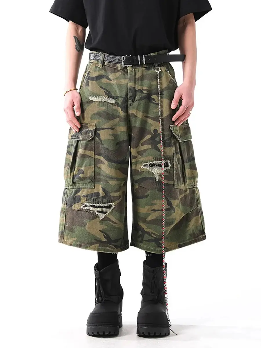 Supermade Men's Ripped Camouflage Denim Jorts, Oversized Distressed Cropped Shorts with Functional Pockets, Fabric, Casual, Print, Workwear, Heavy Rip, Above The Knee