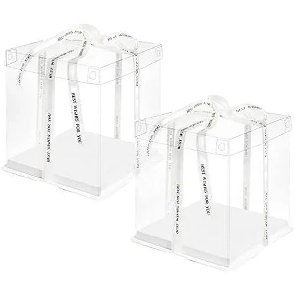 10 Inch Clear Cake Box,2 Pcs 10" X 10" X 9" Transparent Cake Box with Ribbon for 8" Cakes-Clear Tall Cake Boxs-  Boxes with Lid for Wedding Party and  Display (White-2 Set)