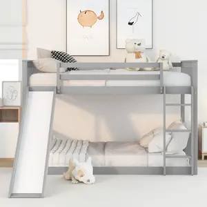 Full Over Full Bunk Bed Frame, Wood Low Bunk Beds, Floor Bunk Bed Frames with Ladder & Slide for Bedroom, Gray