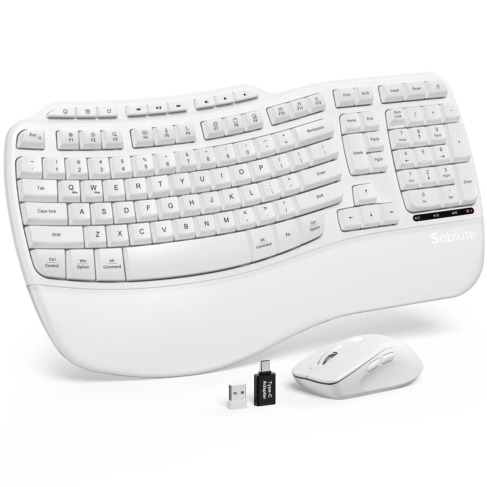 SABLUTE MA31 Ergonomic Wave Computer Keyboard & Mouse Combo, 2.4G Wireless Keyboard, Leatherette Cushioned Palm Rest, 3 Adjustable DPI, USB-A/Type-C for Mac Laptop PC (Non-Bluetooth), Ergonomic Design Keyboard