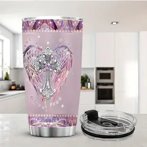 20oz Stainless Steel Tumbler 20oz Double-Walled Insulated Stainless Steel Tumbler  Angel Wings & Cross Design Spill-Resistant Lid Purple & Pink Abstract Background with Stars & Gems  Perfect Holiday & Birthday Gift