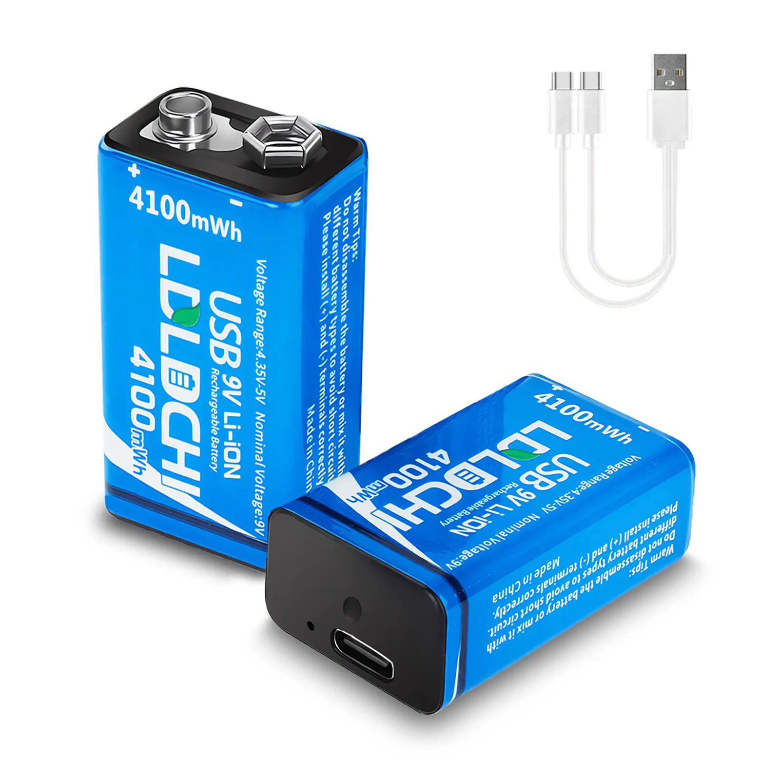 LDLDCHI 4100mWh Rechargeable 9V Lithium Batteries with 2-in-1 Charging Cable - 6F22 9 Volt Replacement Batteries 2 Pack, Rechargeable Battery, Over 500 Cycles, for Smoke Detector Alarms, Microphones, Guitar