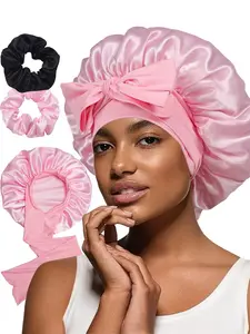 Women's Adjustable Satin Bonnet with Tie, Soft Breathable Sleep Cap, Fashionable Plain Color, Comfortable Hair Protection Hat + 2 Silk Hair Ties